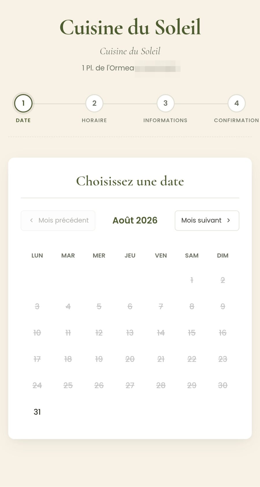 Page de réservation en ligne aux couleurs du restaurant Cuisine du Soleil